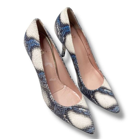Stuart Weitzman Python Stiletto Pumps Women’s Size 8 Textured Blue Cream Snake - Picture 2 of 12